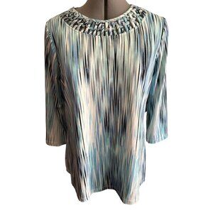 Ava & Grace Womens M Blue & Green 3/4 Sleeve Top With Embellished Neckline